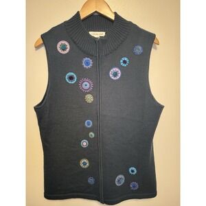 Coldwater Creek Dark Teal Green Sweater Vest Sz M Colorful Cottage Core